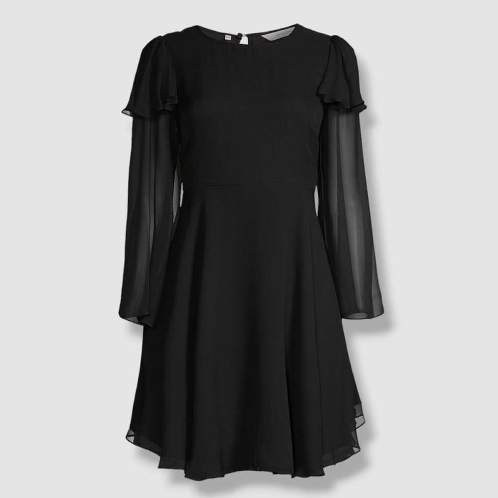 REBECCA TAYLOR $395 Silk Little Black Dress 100%‎ Ruffle Mini Sheer Sleeves Sz 6